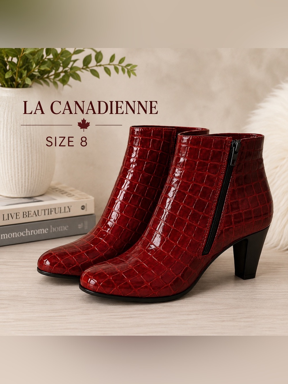La Canadienne Red Croc-Embossed Ankle Boots Size 8